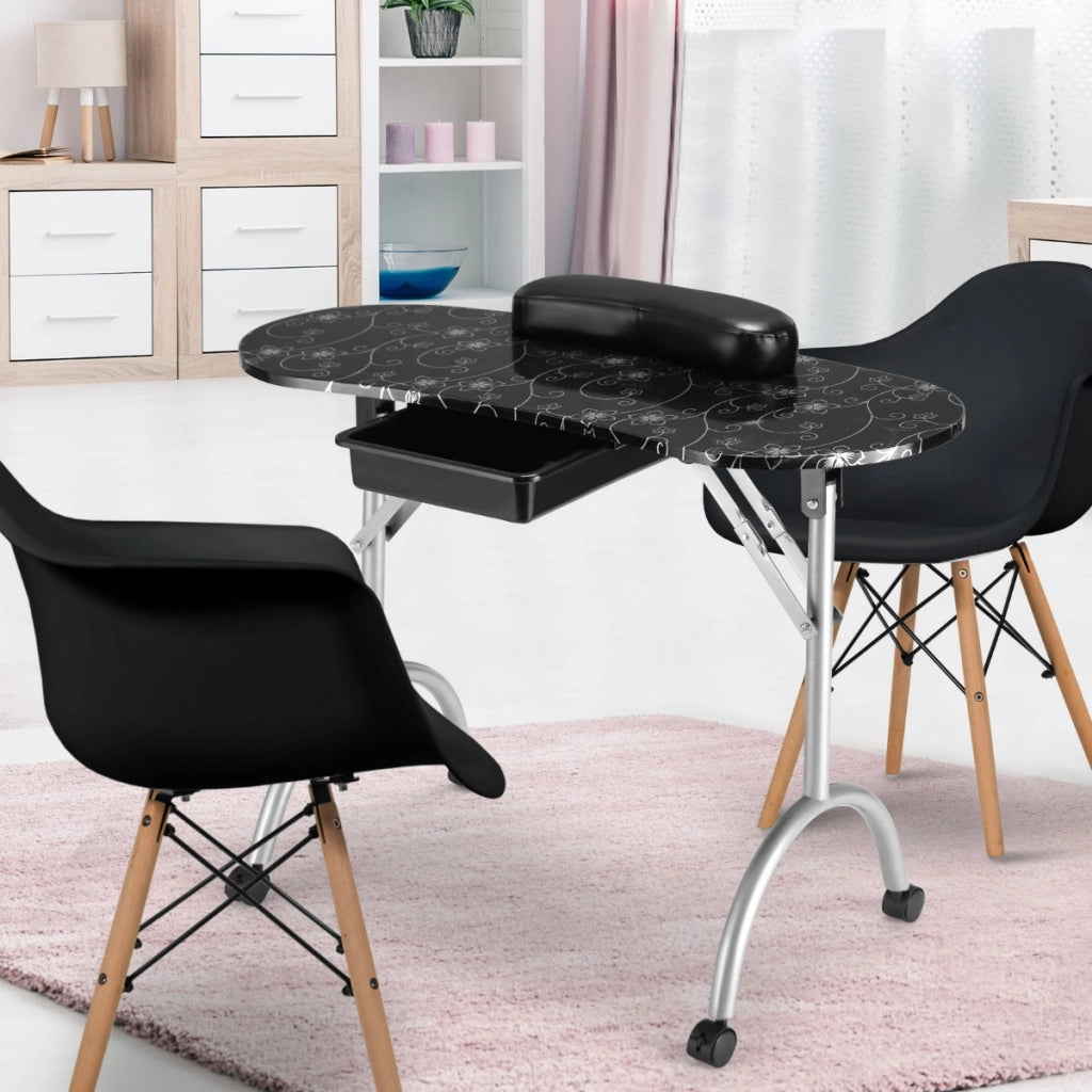 Tavolo da manicure pieghevole e portatile con 4 ruote bloccabili e grande cassetto, Postazione per salone di bellezza Nero-Massaggi e relax
