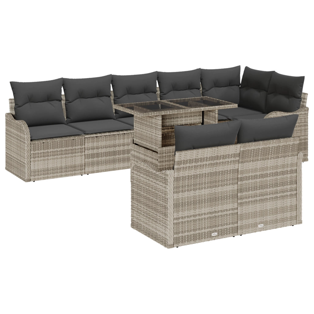 Set da giardino 9 pezzi  con cuscini in polyrattan grigio chiaro