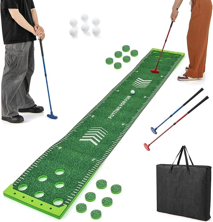 Putting Green, Set Gioco Golf Pong con 2 Putter Regolabili, 6 Palline e 12 Copri Buchi, Tappetino da Golf per Fester, Giardino e Casa, 332 cm x 50 cm