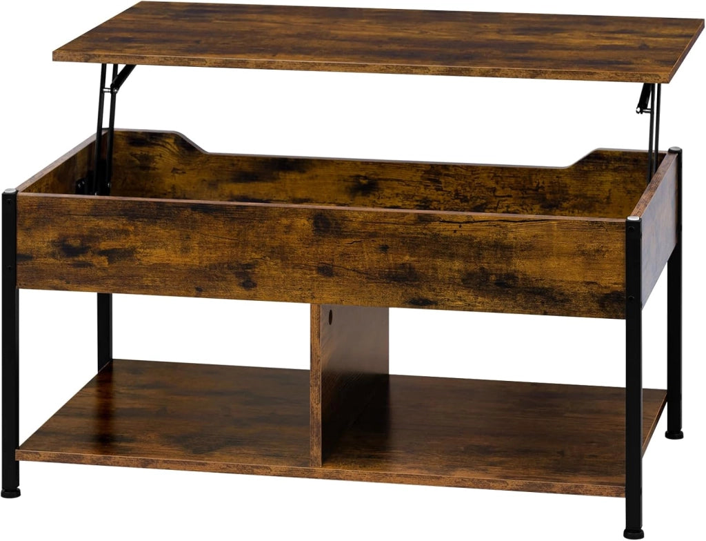 Tavolino da Caffè Sollevabile, Tavolino da Divano con Scomparto Nascosto e Aperto, Tavolino da Salotto Industriale, 90x50x(45-60) cm, Marrone Rustico, BTS15vbn
