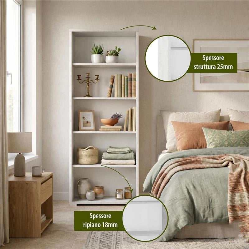 LIBRERIA A GIORNO DA ARREDO IN LEGNO CON 5 RIPIANI 182X71X41 CM COLORE OSSIDO BIANCO