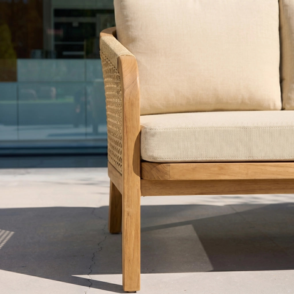 Divano da esterno in legno di acacia e corde, 3 posti, beige