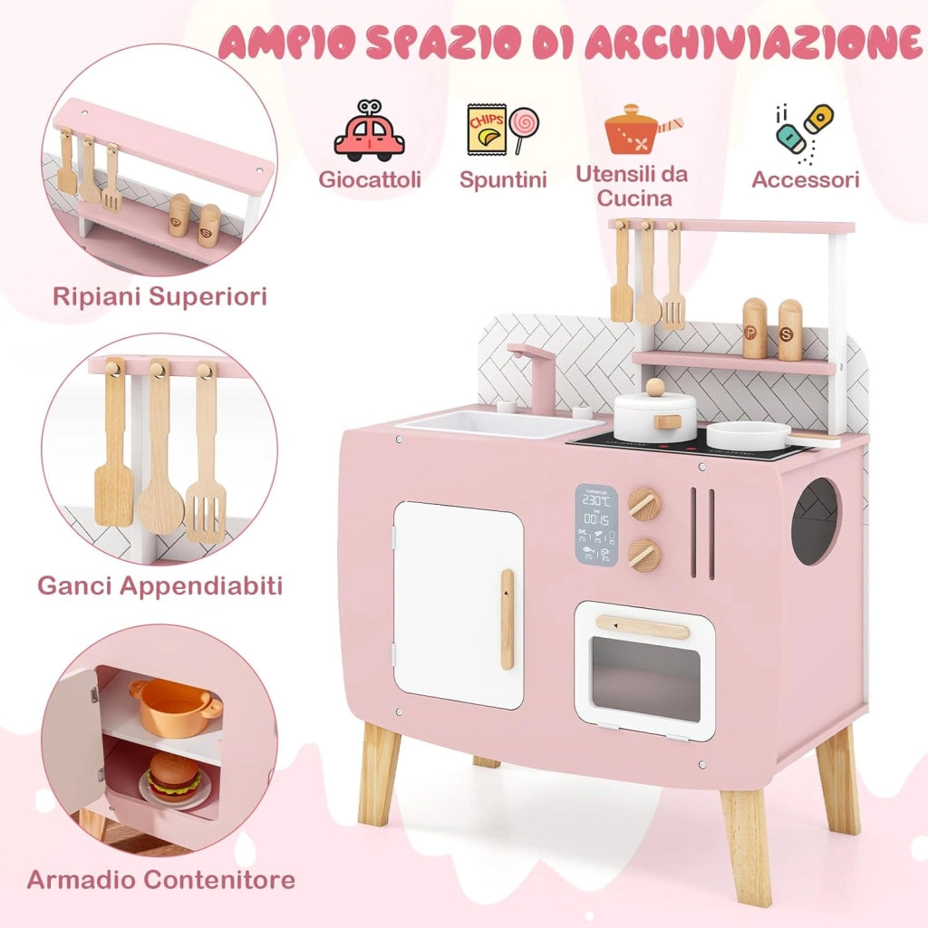 Cucina Giocottolo in Legno per Bambini, Set Gioco di Ruolo Chef con Luci e Suoni, Forno, Fornelli, Microonde e Accessori Vari, Adatto a Bambini 3+ Anni, 58 x 29 x 73,5 cm