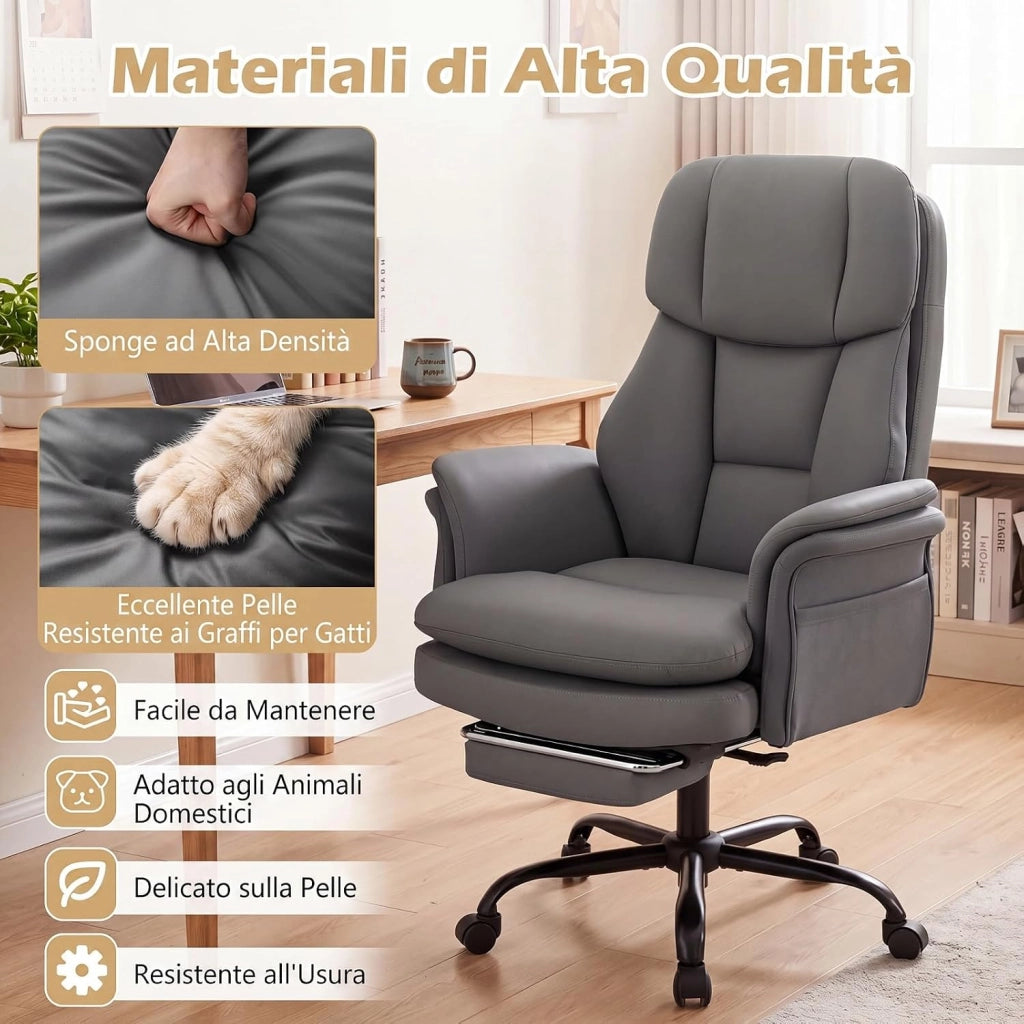 Sedia da Ufficio Ergonomica, Portata 150 kg (Grigio) | Sedia Scrivania con Rotelle Girevole, Braccioli Regolabili su 5 Livelli e Poggiapiedi Retrattile, per Casa e Ufficio