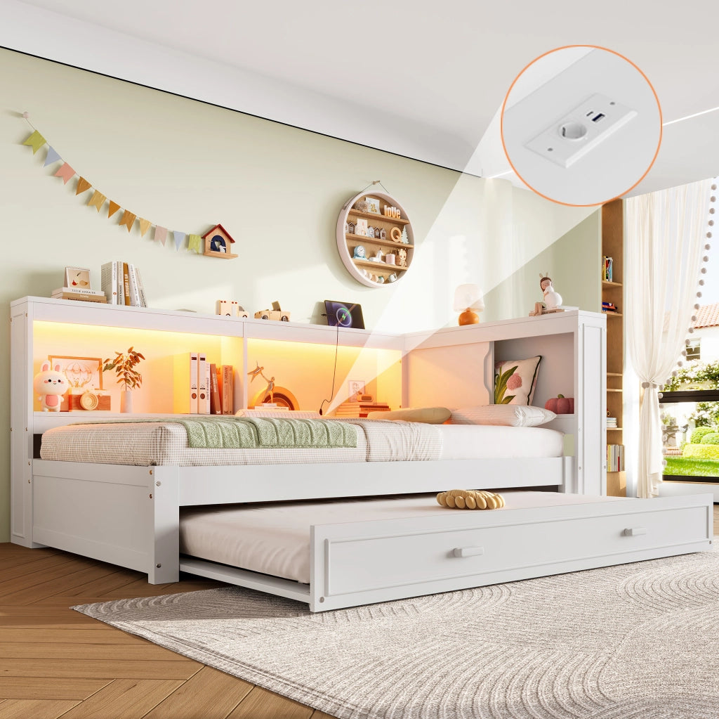 LETTO 90x200 cm con letto estraibile, LED, presa, USB e Type-C, Bianco