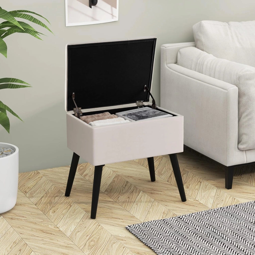 Sgabello Contenitore, Pouf Sgabello Ottoman, Poggiapiedi Moderno da Trucco, con Gambe in Legno Massello & Seduta Imbottita, Portata 150 kg, 49,5 x 35 x 46,5 cm (Beige)