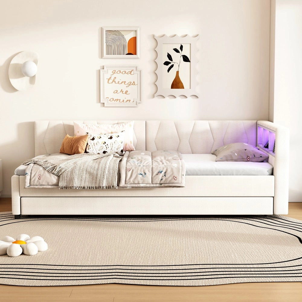 Letto Singolo con LED e Letto Estraibile ¨C MINIMAL ¨C Beige, Tessuto Lino, 90x200