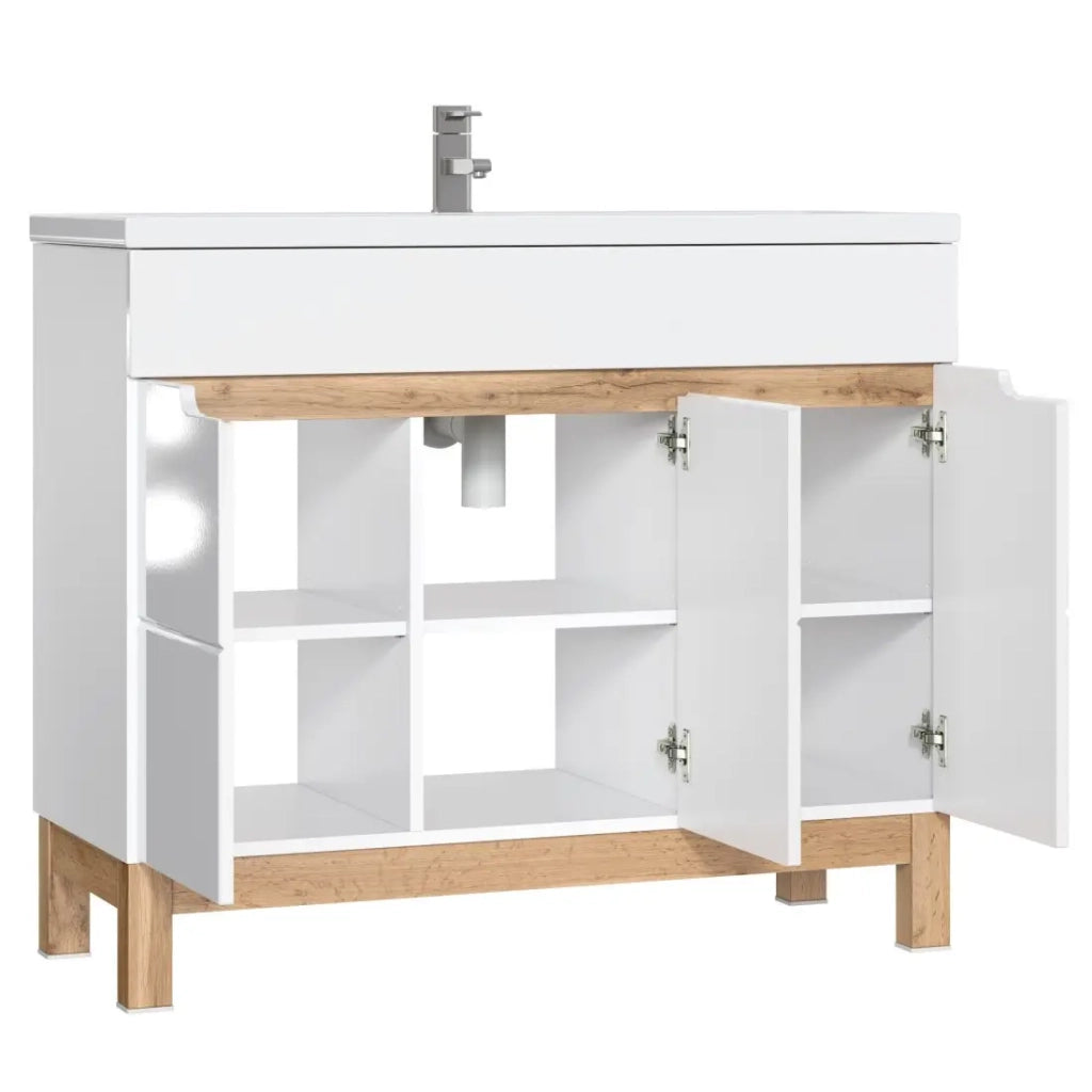 Mobile sotto lavabo ERMANO – Rovere chiaro e bianco lucido – 100x84 cm – 3 porte – Da appoggiare