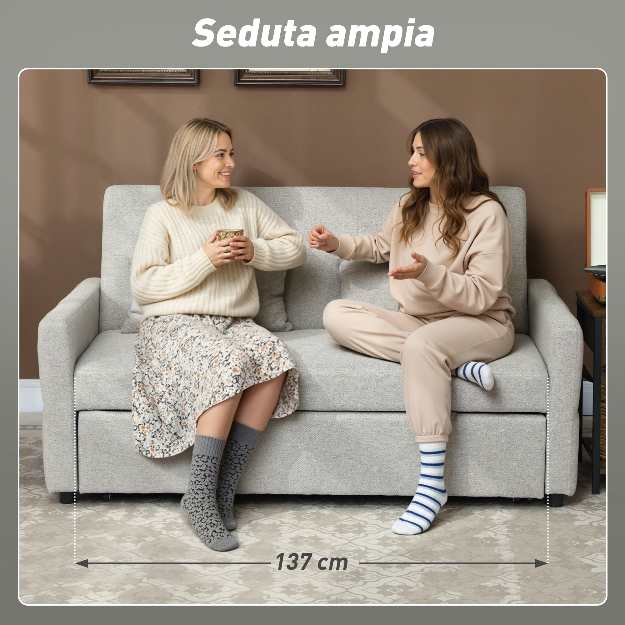 Divano Letto 2 Posti Convertibile Apertura Clic Clac con 2 Cuscini in Tessuto Marrone Chiaro