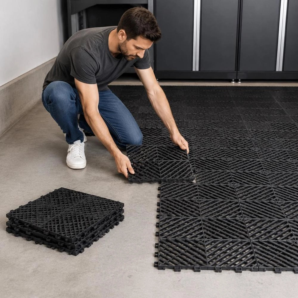 Set Di Tappetini Di Drenaggio Ad Incastro 55 Pezzi, Set Di Piastrelle 31 X 31 Cm Per Pavimentazioni Da Garage Antiscivolo Materiale In PP Modulare Da Garage Officina Cucina Piscina, Nero