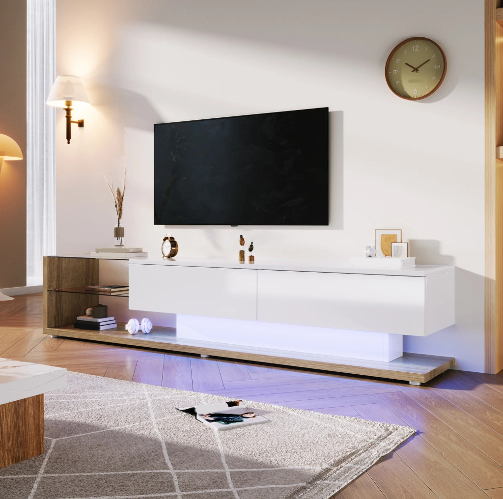 mobile TV basso 170 cm bianco lucido e legno con LED regolabile