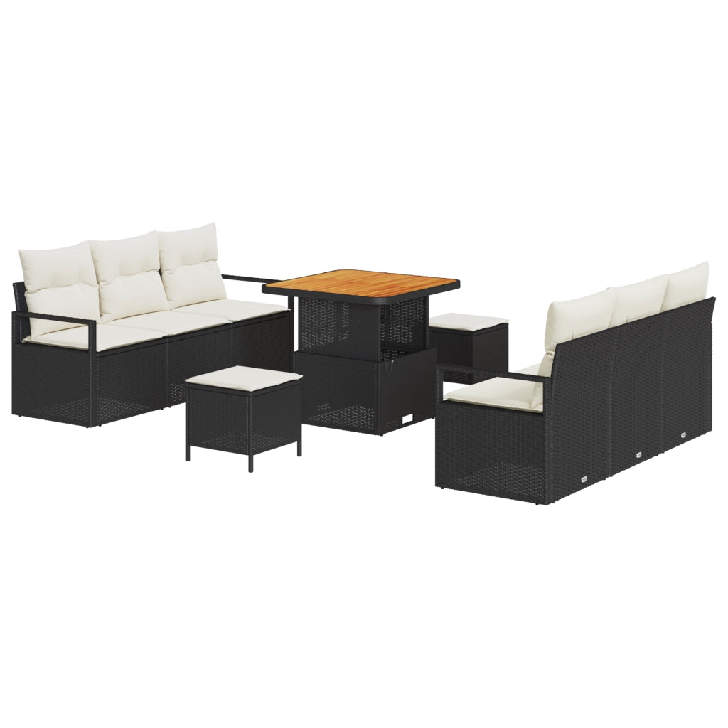 Set Divano da Giardino 9 Pezzi con Cuscini Nero Polyrattan Acacia