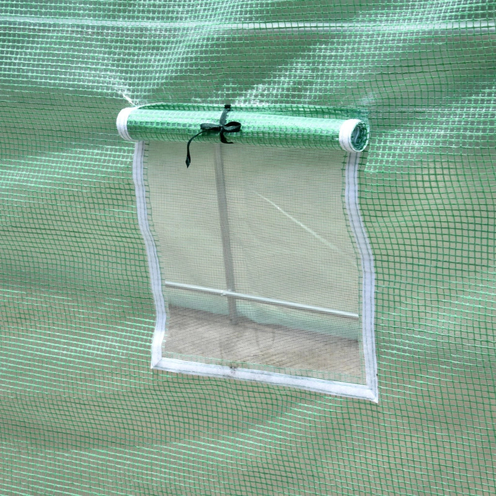 Serra a tunnel con finestre a rete, 395x195x190 cm, struttura in acciaio e telo trasparente verde