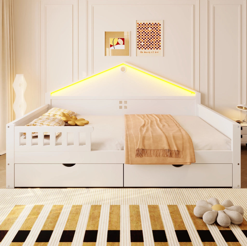 Letto multifunzione 140x200 cm con cassetti e LED; bianco
