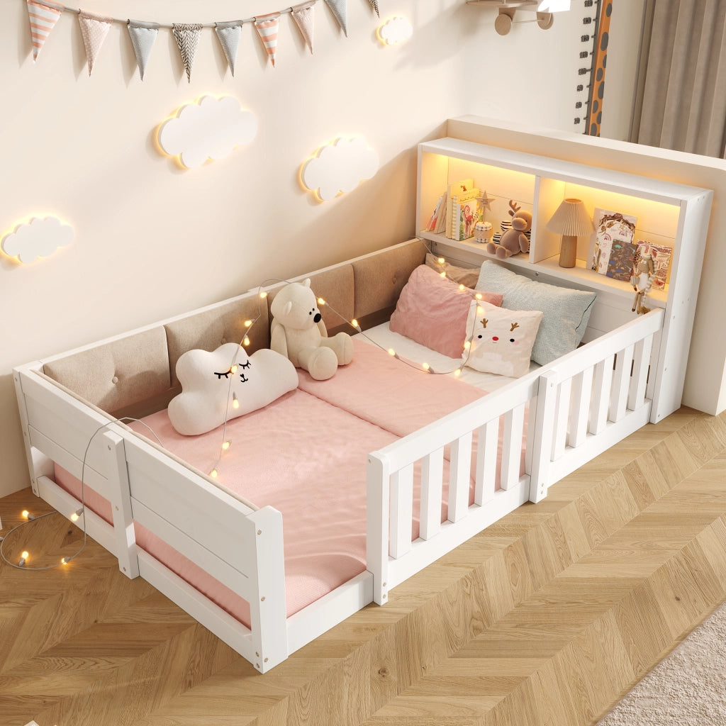 Letto per bambini 90×200 cm con testiera imbottita; LED e sponde di sicurezza; senza materasso; bianco