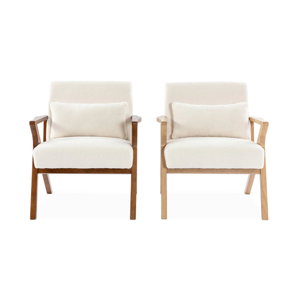 Poltrona scandinava in legno di hevea e bouclé, bianco