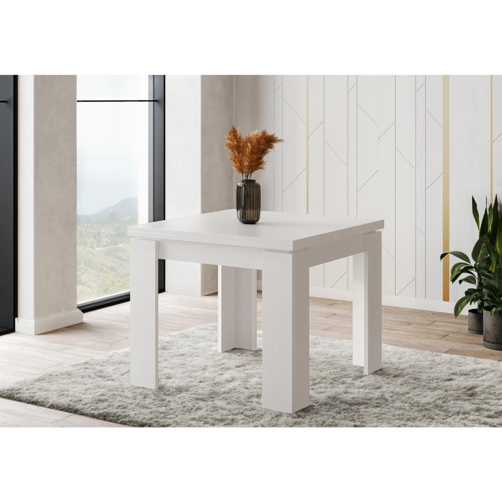Tavolo Allungabile Moderno Da 4 A 8 Persone Gambe Spesse Design Minimal Meccanismo Centrale Estensibile Ideale Per Cucina o Sala da Pranzo 90 x 90 / 180 x 90 Cm Bianco