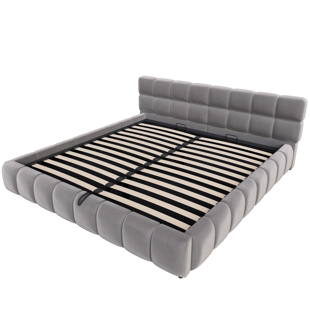 Letto imbottito 180x200 cm in velluto grigio con LED, contenitore idraulico e rete a doghe