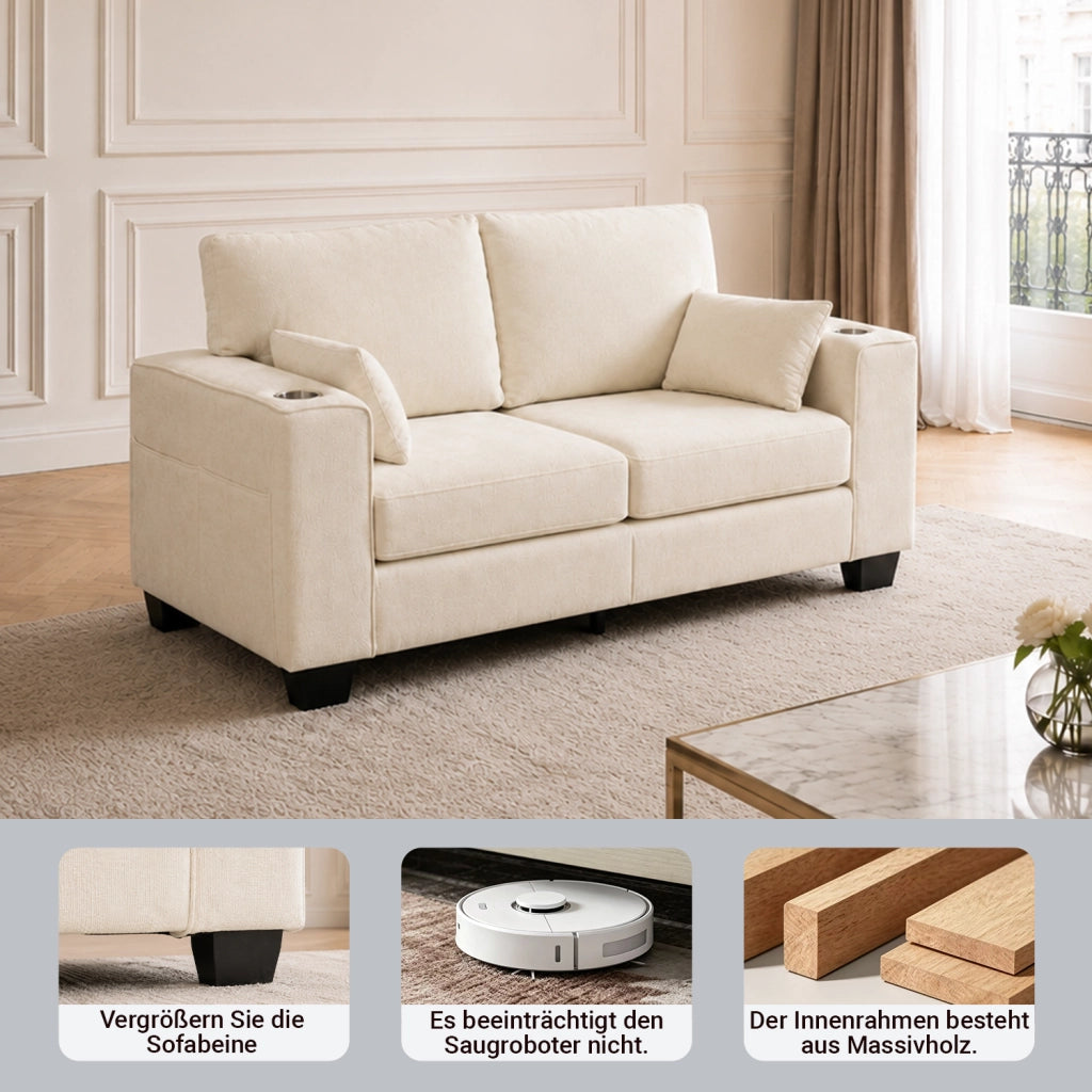 Divano a due posti moderno con portabicchieri e tasche laterali per soggiorno e ufficio in tessuto chenille beige