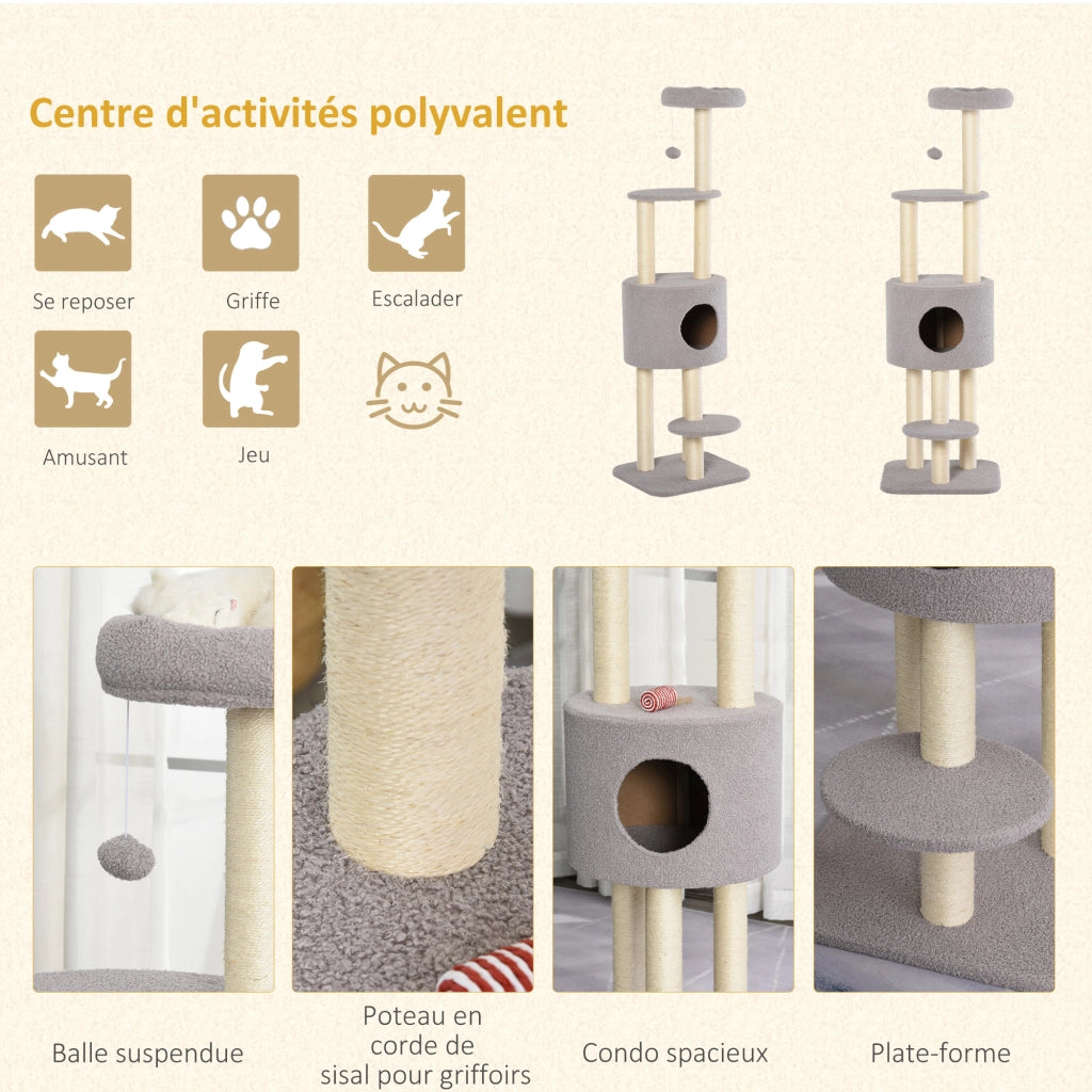 Albero per Gatti con Tiragraffi e Piattaforme ¨C Zephmum ¨C Grigio 148 cm