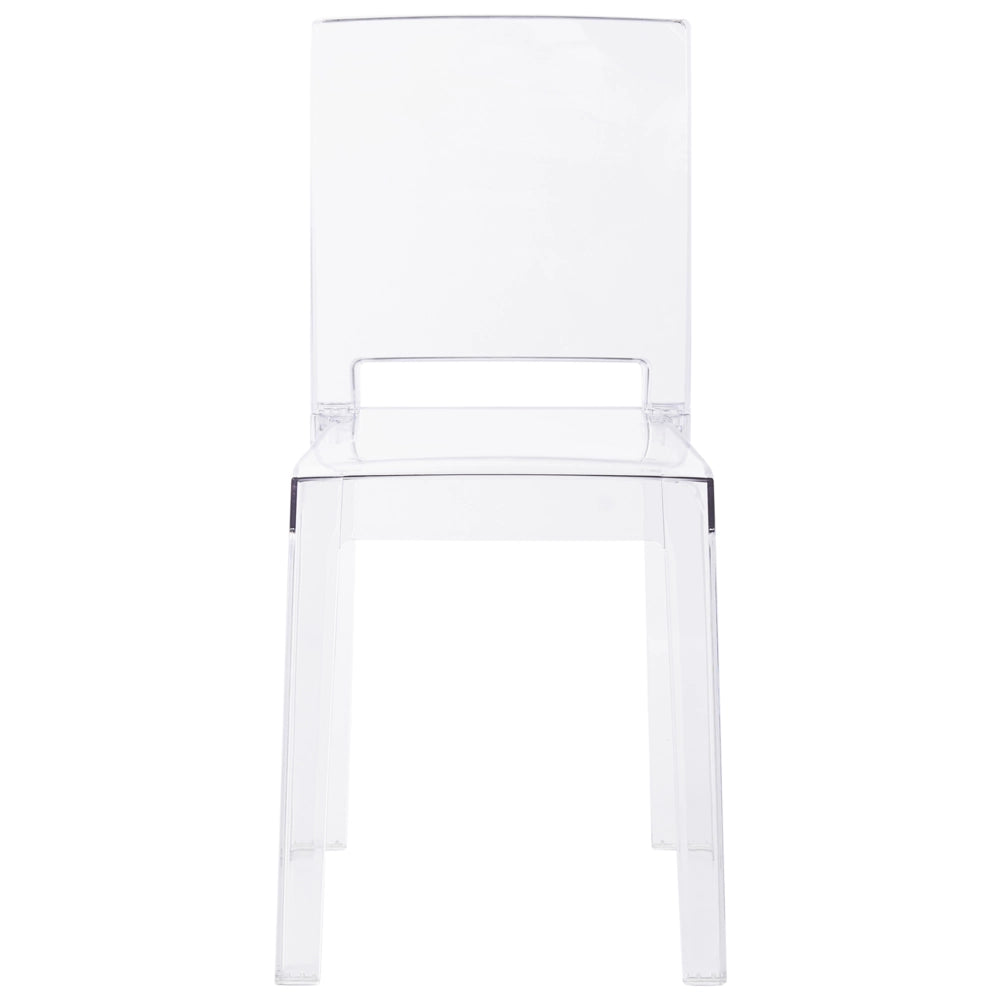 Set di 2 sedie da pranzo in materiale sintetico trasparente, senza braccioli, impilabili dal design moderno