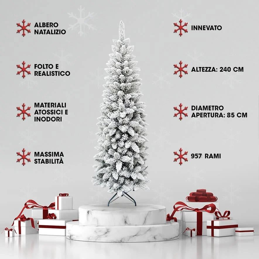 MAURY'S ALBERO DI NATALE EXTRA SLIM 240 CM INNEVATO CON 957 RAMI