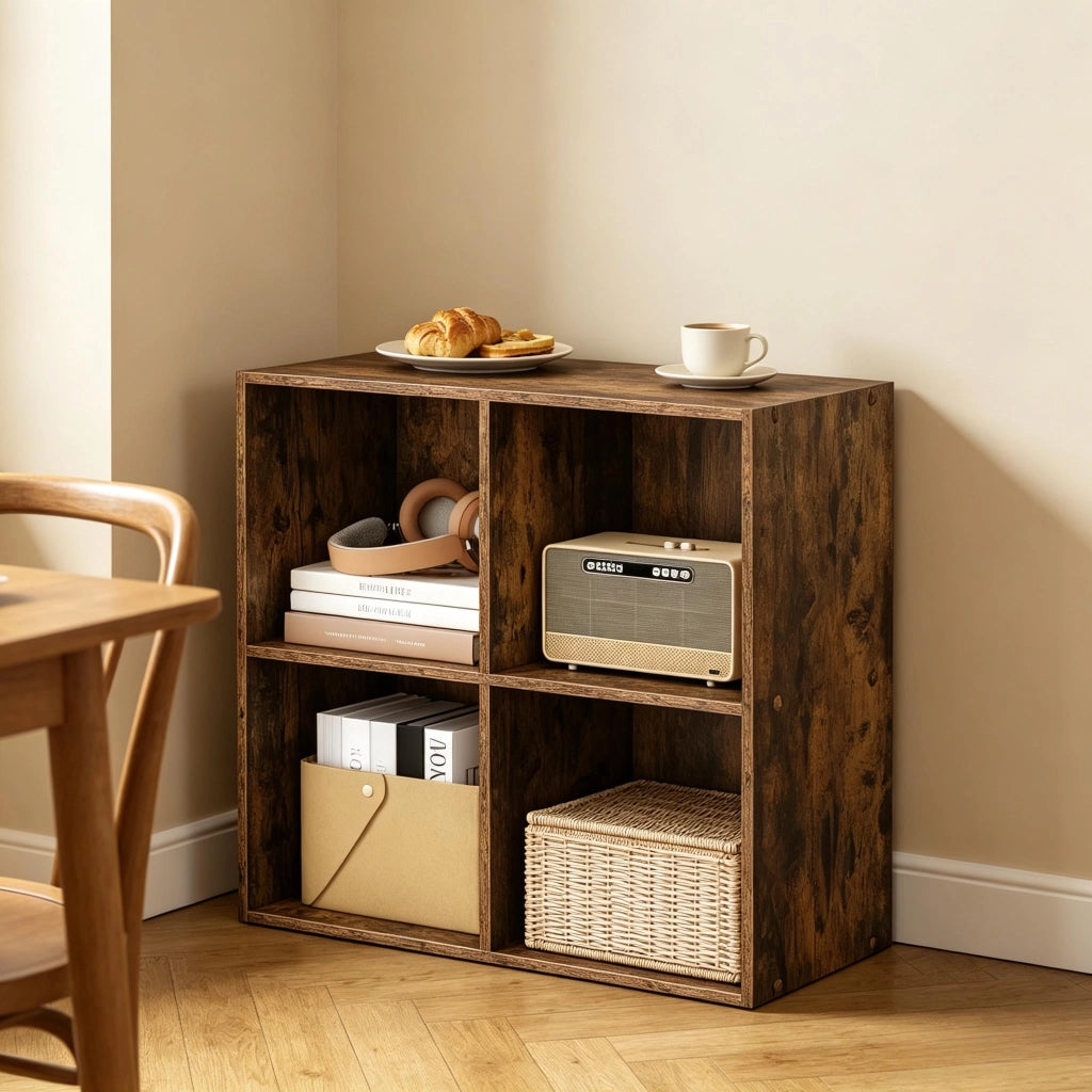 Libreria a cubi aperta 4 vani in legno ingegnerizzato, effetto rustico, 59,6 x 59,8 x 29 cm