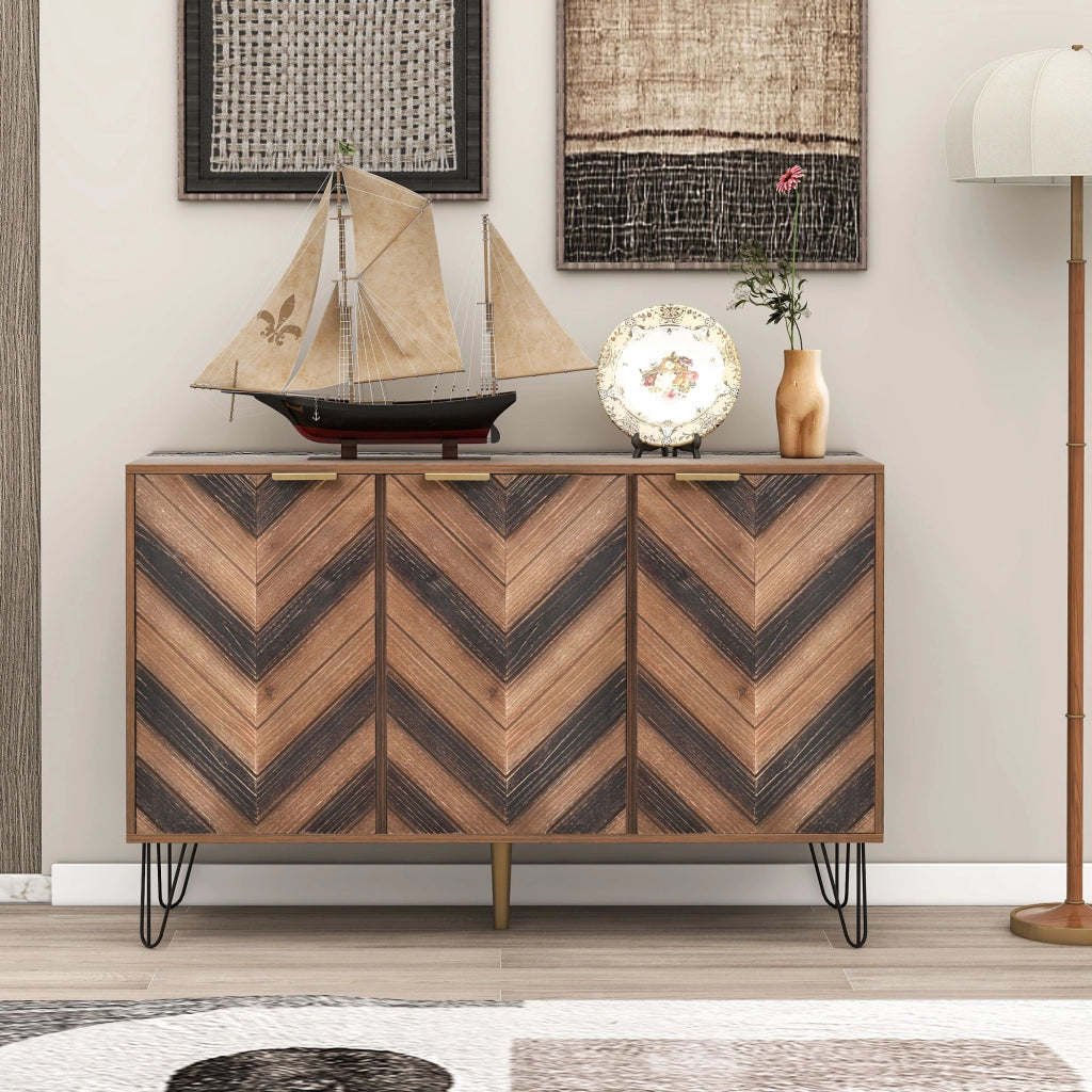 Credenza con 3 Ante e Ripiani interni; per Soggiorno o Sala da Pranzo; in Pannelli di particelle; 120×38×76.5 cm; Naturale