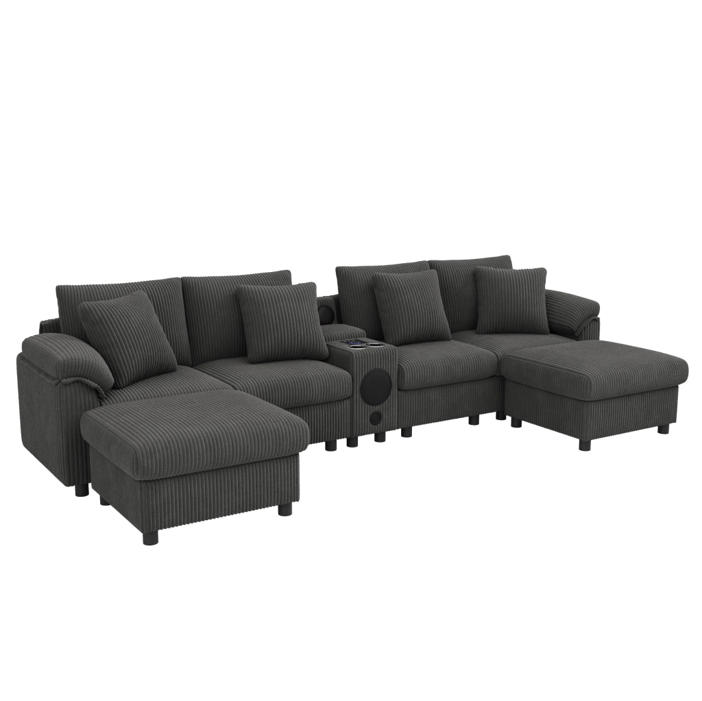 Divano modulare 4-6 posti in velluto a coste grigio 315;5 cm con Bluetooth; USB e console