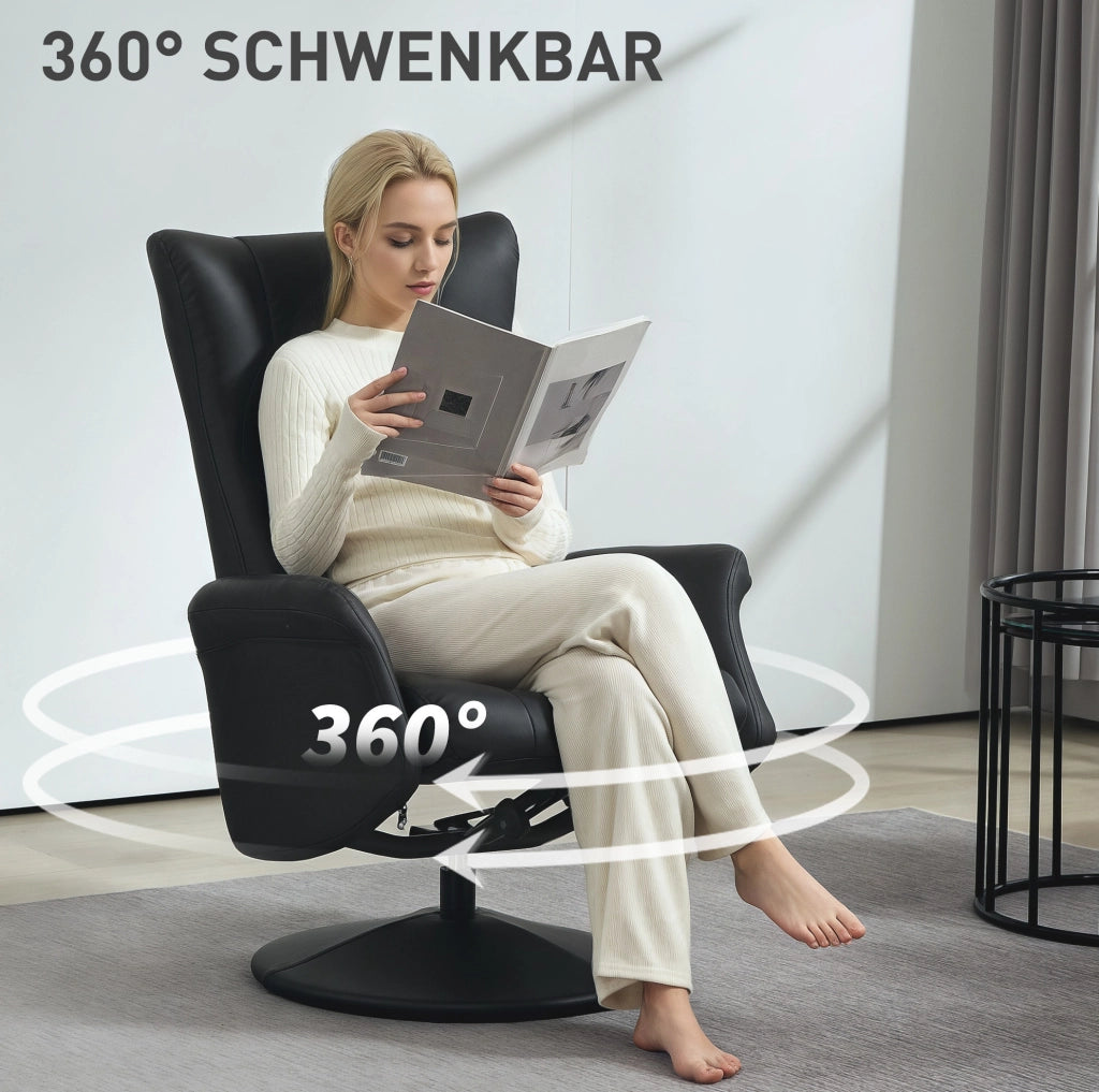 Poltrona relax girevole 360° con pouf, reclinabile, nera