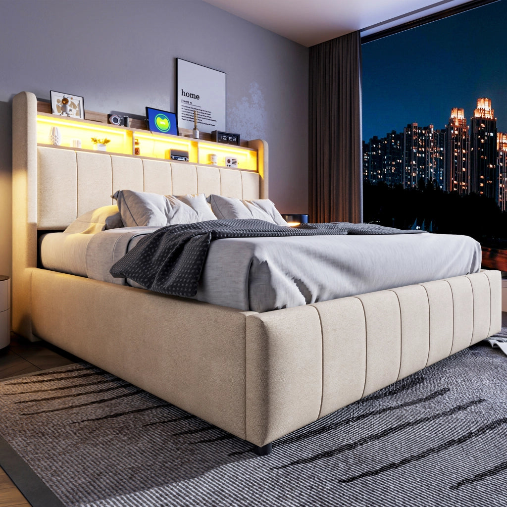 Letti contenitori 160x200 cm con LED e vano contenitore; tessuto in lino; beige