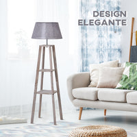 Lampada da Terra in Legno con 3 Ripiani e Paralume in Tessuto 45x45x148 cm  Grigio