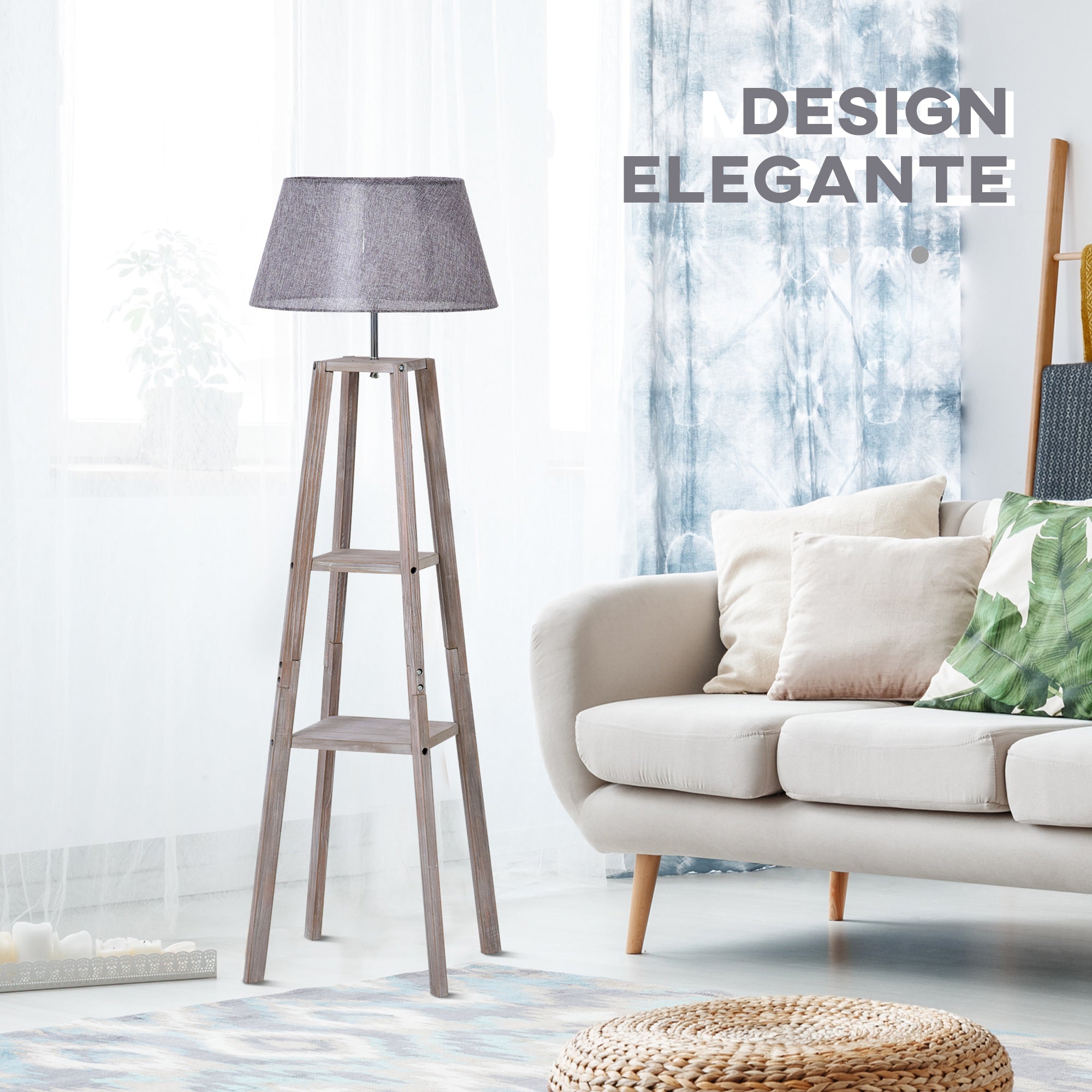 Lampada da Terra in Legno con 3 Ripiani e Paralume in Tessuto 45x45x148 cm  Grigio
