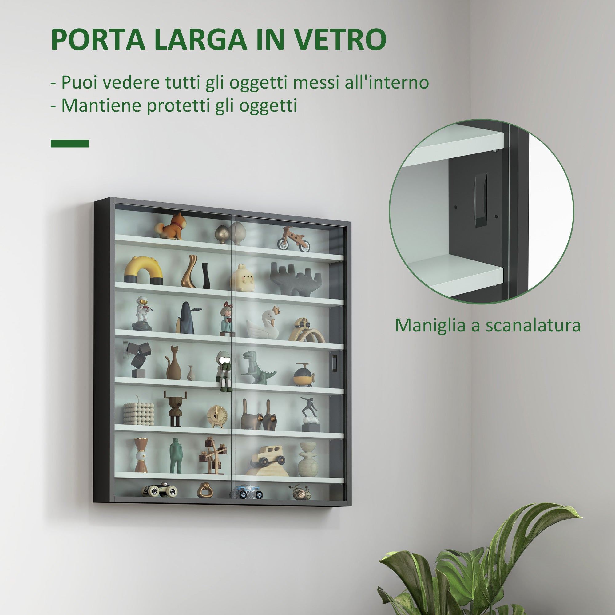 Bacheca Vetrina a Muro con 6 Ripiani Regolabili 80x9.5x83 cm in Legno Bianco e Nero