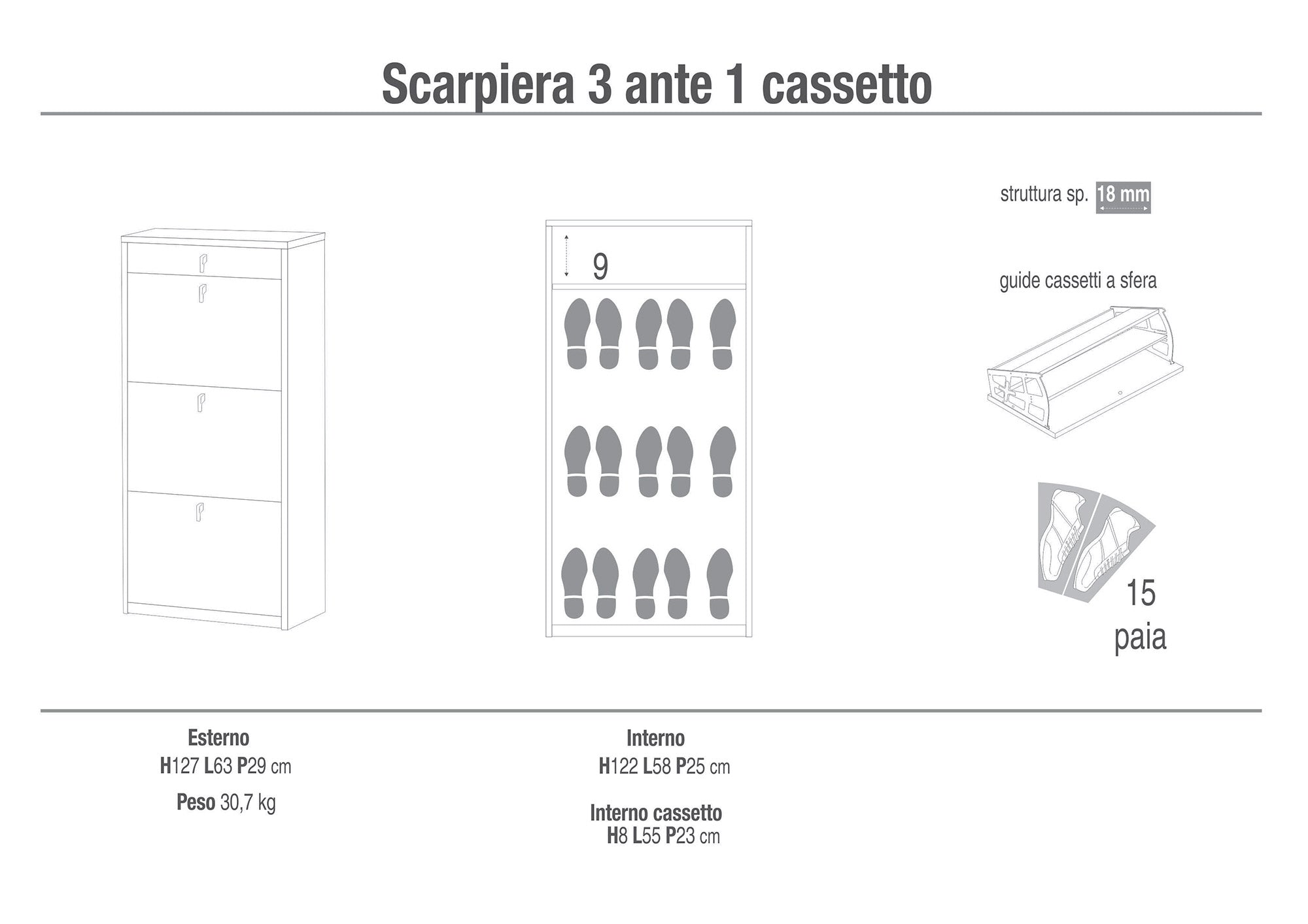 Scarpiera 3 Ante 1 Cassetto 63x127x29 cm Rovere Naturale