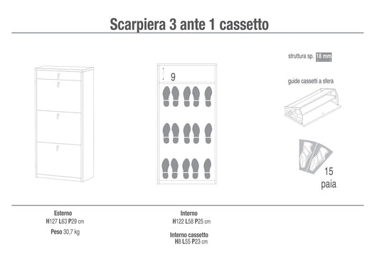 Scarpiera 3 Ante 1 Cassetto 63x127x29 cm Rovere Naturale