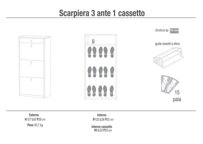 Scarpiera 3 Ante 1 Cassetto 63x127x29 cm Olmo Chiaro