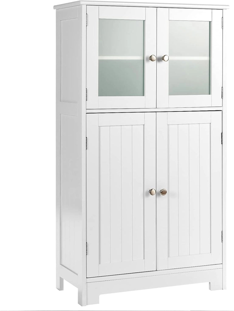 Armadietto del Bagno con 4 Ante, Armadietto con Ante di Vetro, Credenza di Legno con Mensole Regolabili, Organizer Multiuso per Casa Corridoio Salone Ufficio (Bianco)