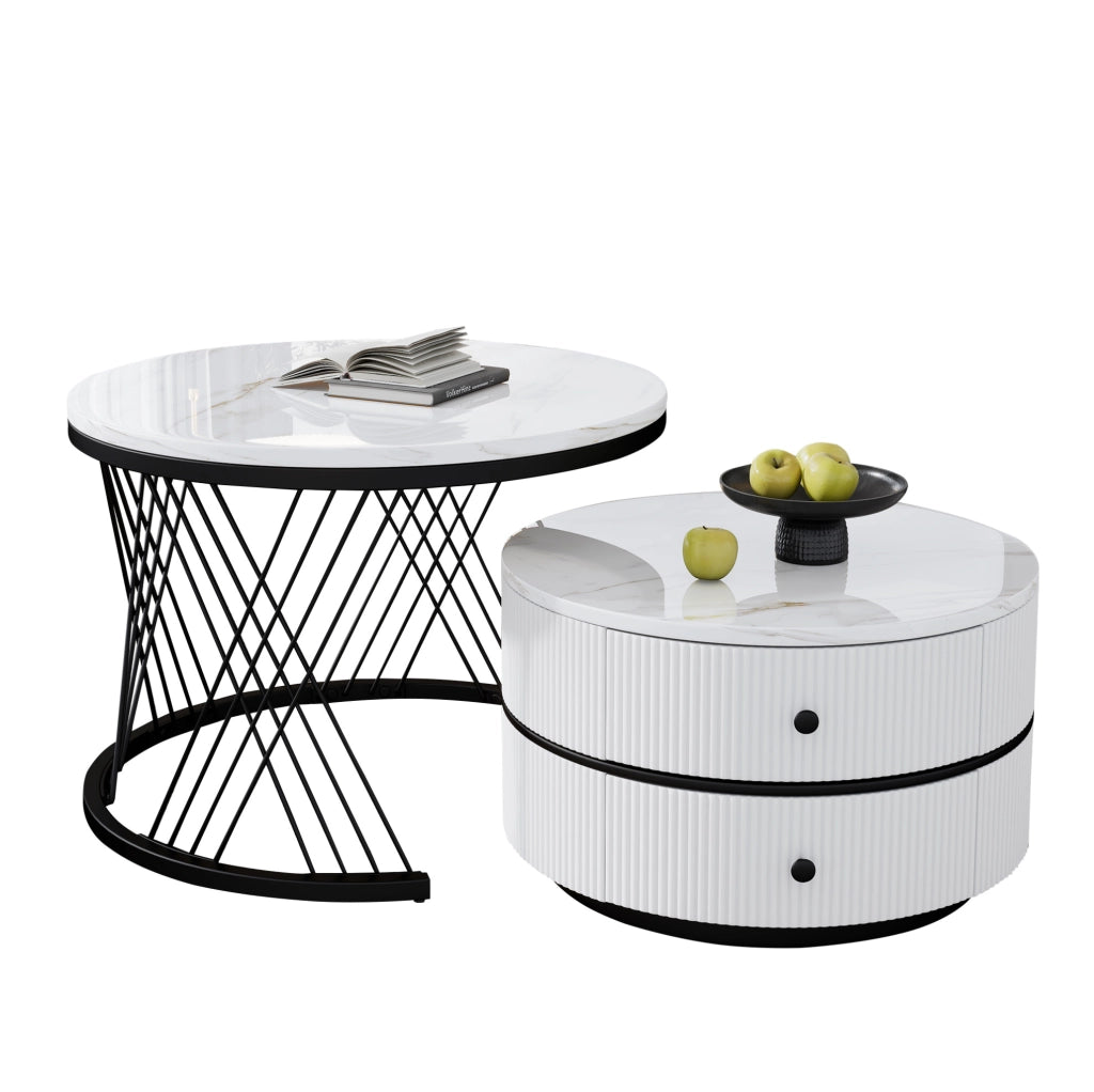 Set di tavolini da caffè rotondi 2 pezzi bianco; effetto marmo lucido; 60x60x46 cm e 50x50x31 cm