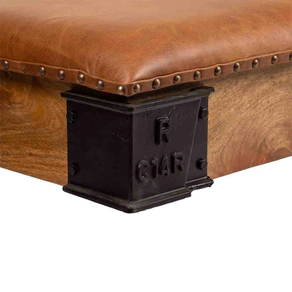 Tavolino in legno, metallo e pelle marrone 165x90x52h