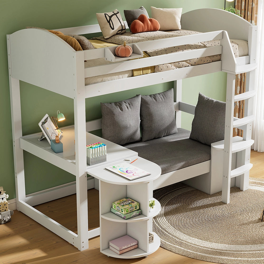 Letto a soppalco 90x200 cm - Xylo - Scala, tavolo estensibile, divano, tre cuscini, scaffali di stoccaggio, bianco