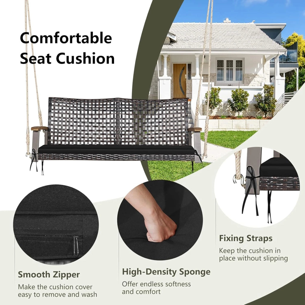 Porch Swing in Vimini PE a 2 Posti, Altalena da Esterno con Morbido Cuscino Sedile e Cordami Appendiabili, Capacità di Carico di 360 KG, Adatta per Cortile, Giardino, Portico (Nero)