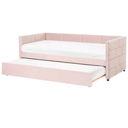 Letto a scomparsa 90 x 200 cm rivestito in velluto rosa, rete a doghe, letto da giorno con cuciture in stile glamour.
