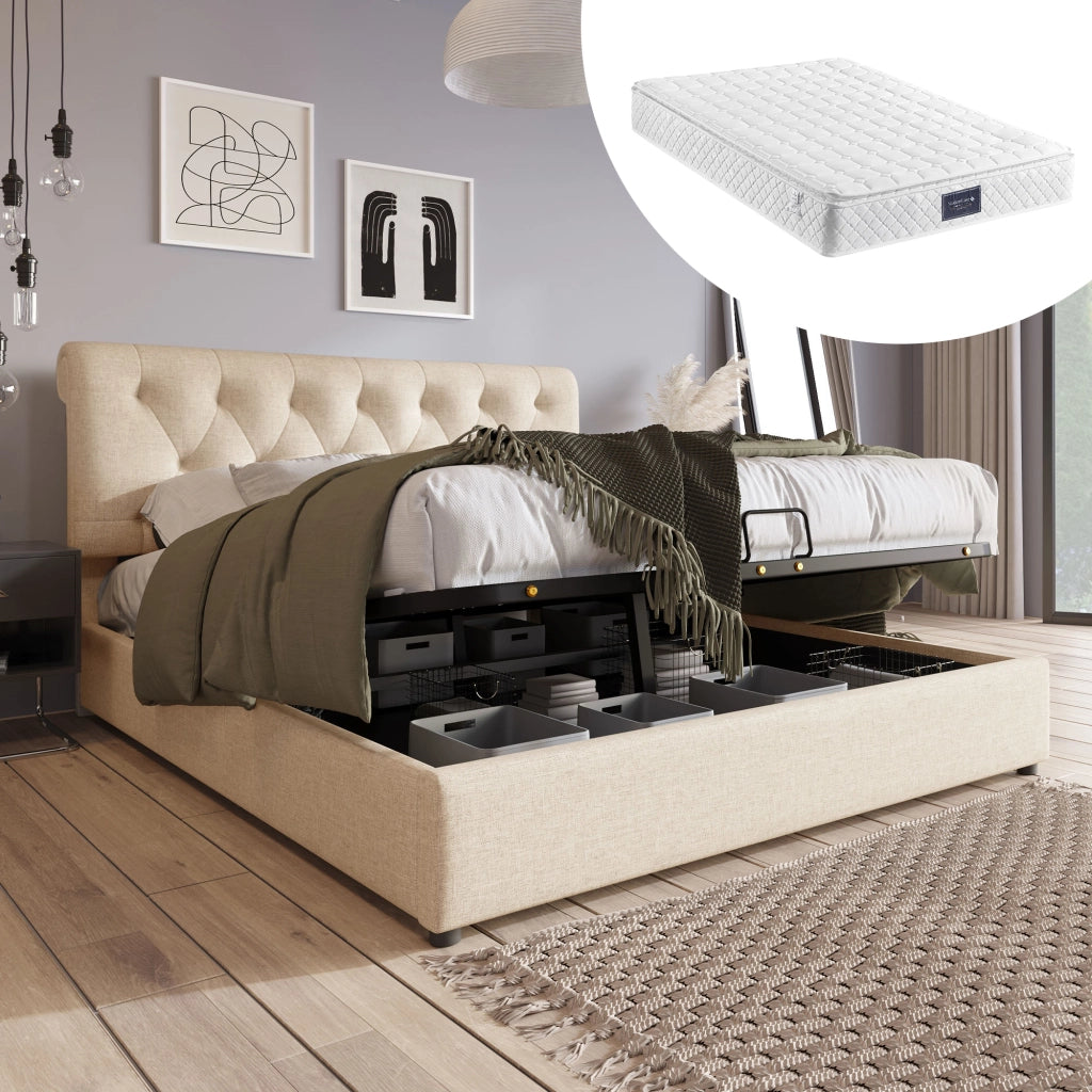 LETTO matrimoniale contenitore idraulico 140x200 cm in lino naturale con materasso incluso