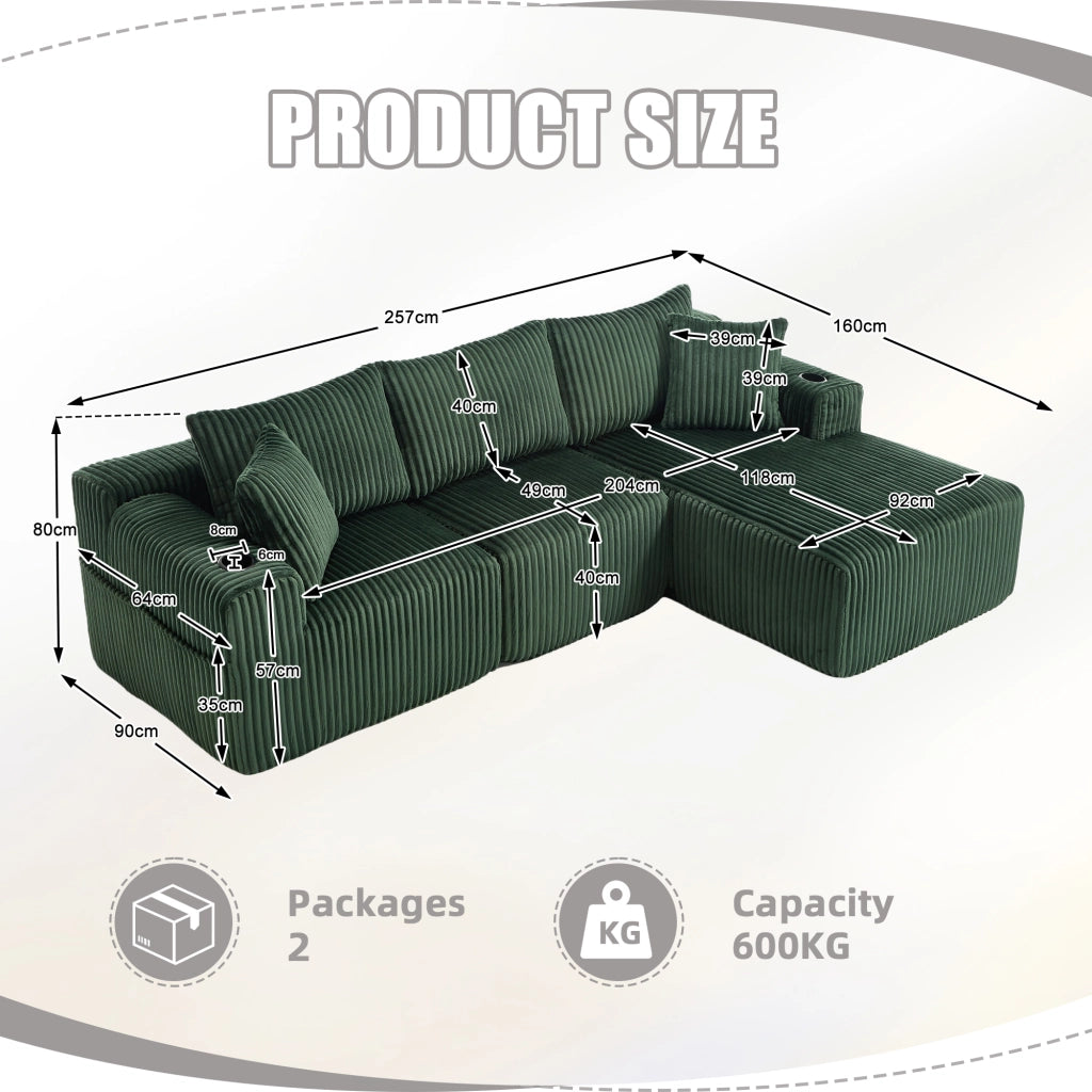 DIVANO modulare con chaise longue e 2 posti 257x90-160x62 cm corduroy verde smeraldo