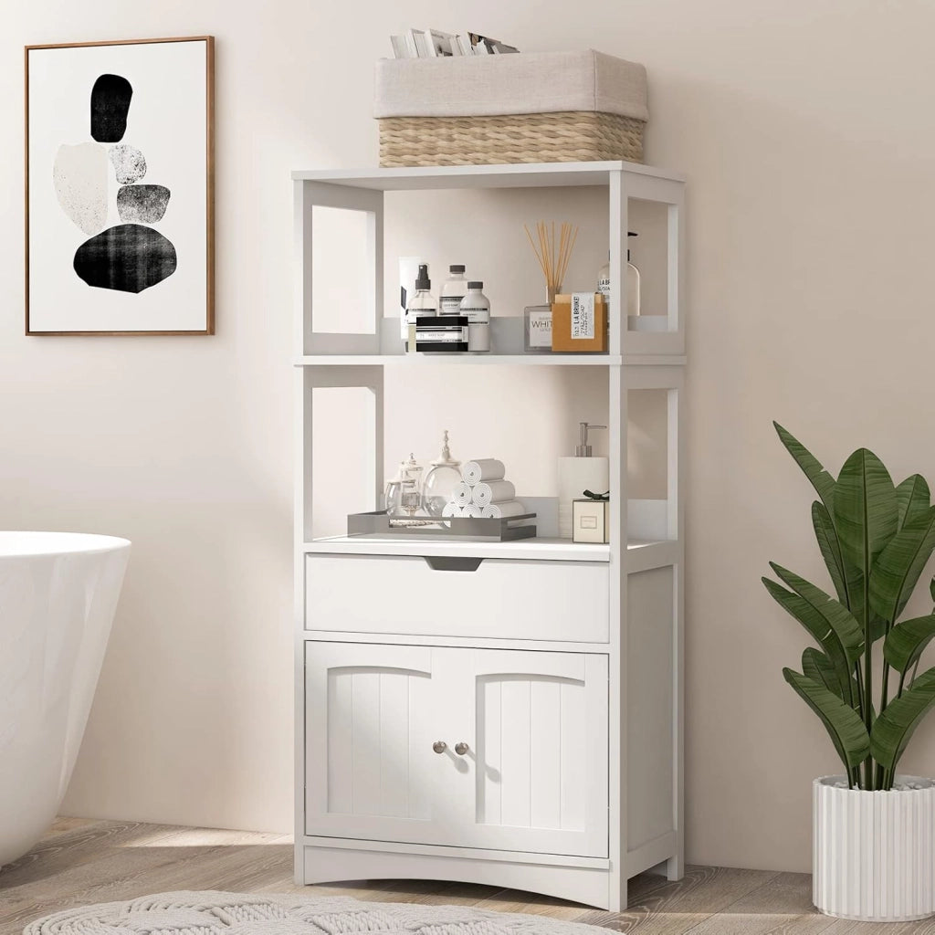 Armadietto Multiuso Bianco, Armadio Alto per Bagno con Cassetto e 2 Ripiani Aperti, Mobile Porta Microonde per Cucina, Design Compatto