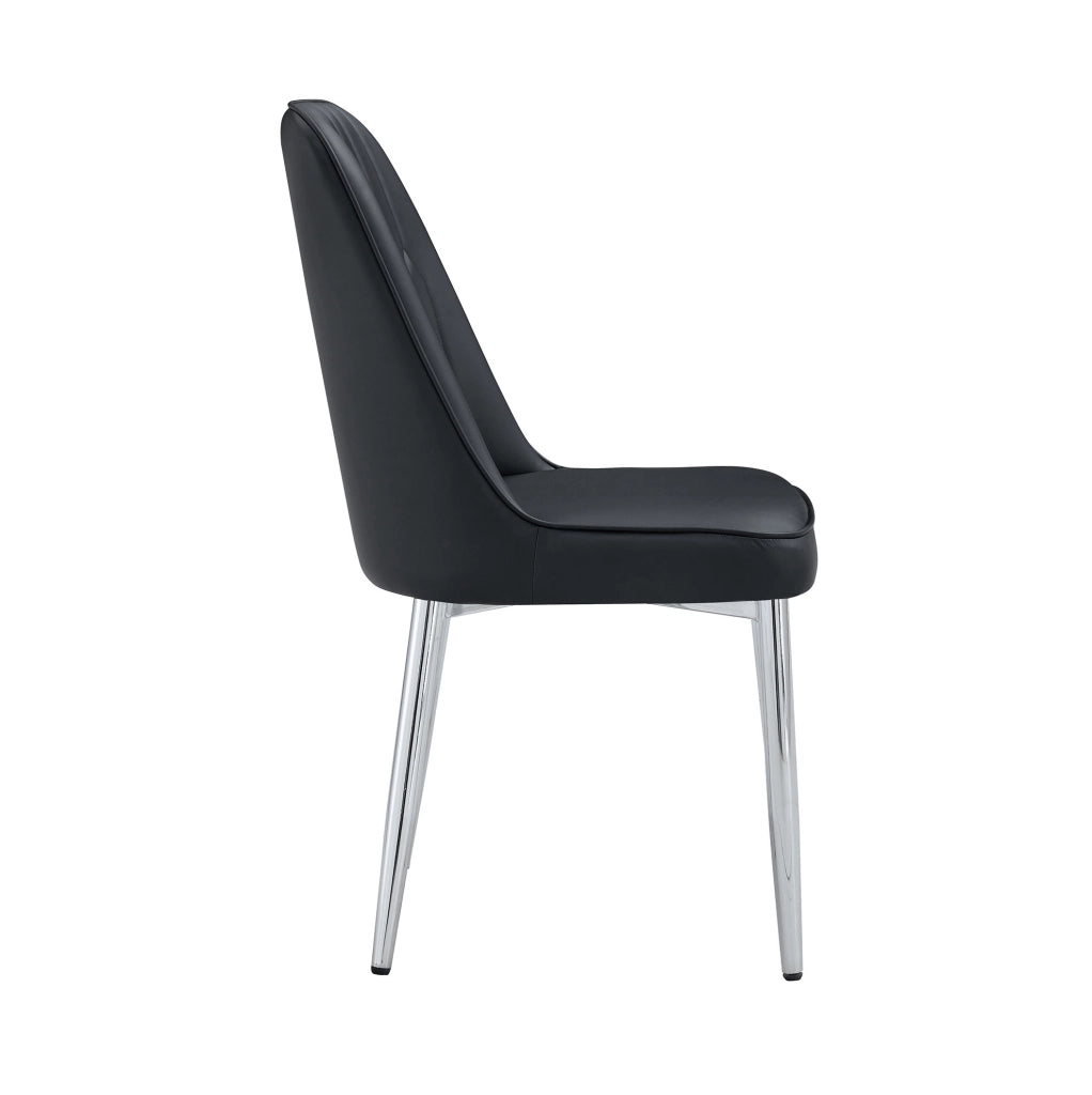 Sedia da pranzo nera in similpelle con gambe in metallo argento, design moderno e minimalista