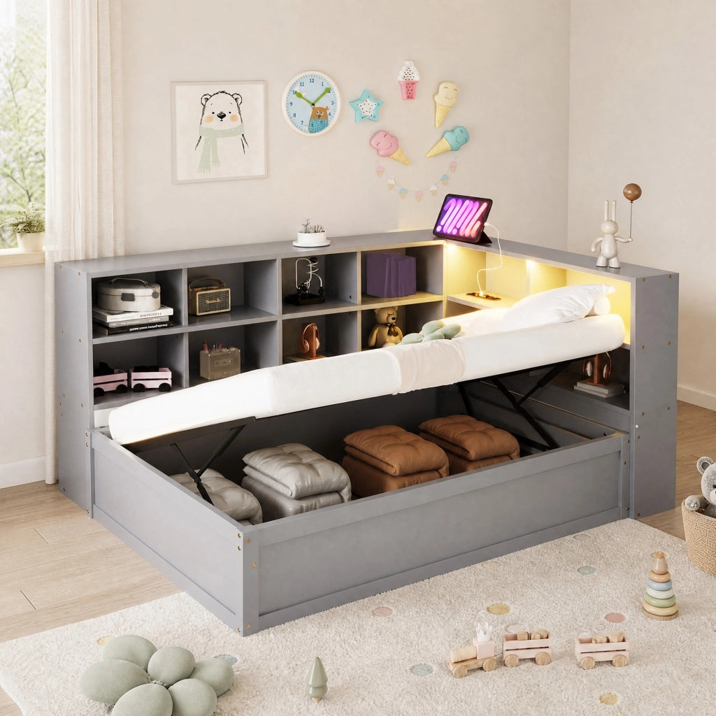 DIVANO LETTO 90x200 cm Grigio in legno con presa multifunzione, LED e vani contenitori