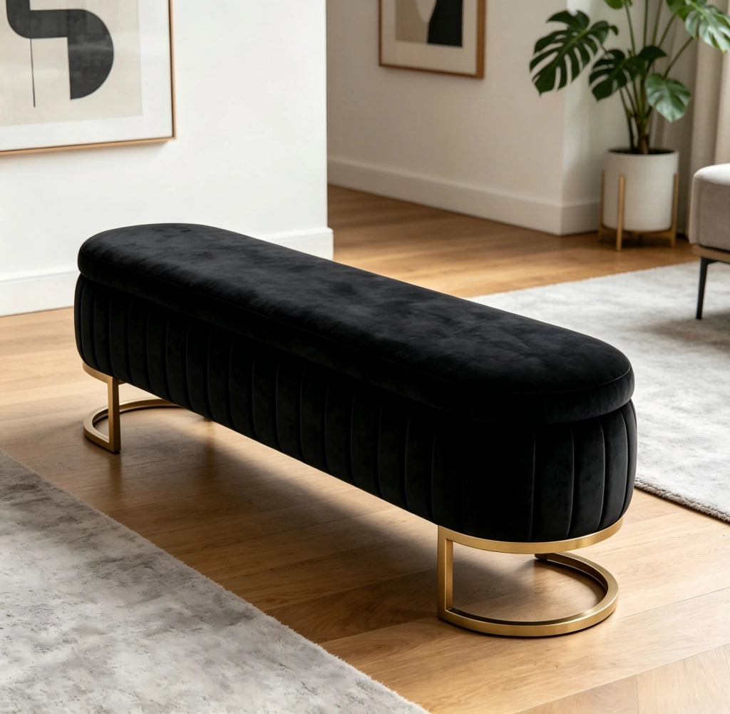 Panca contenitore in velluto nero 130 cm con piedi dorati
