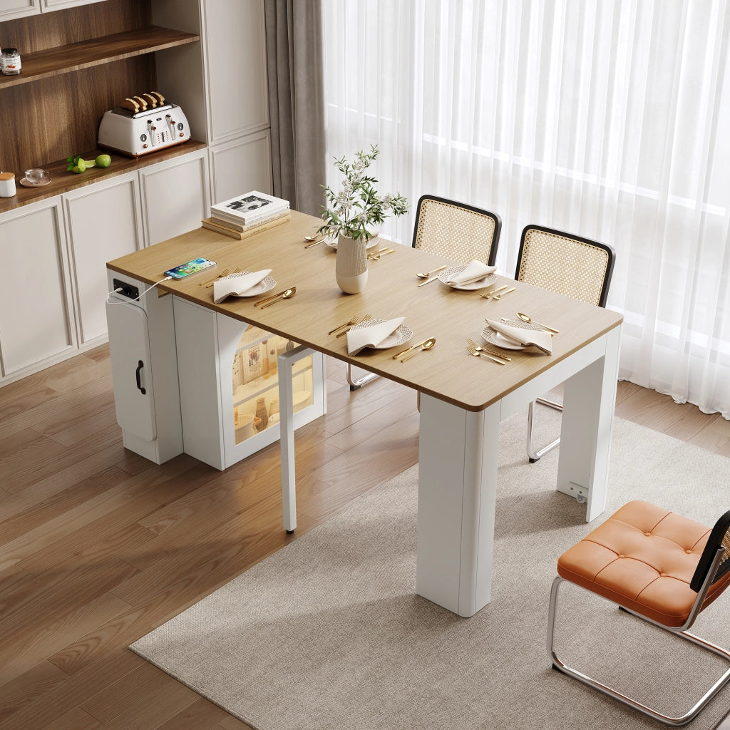 Tavolo da pranzo - isola cucina su ruote - piano estraibile e rimovibile - con prese - bianco - per cucina e sala